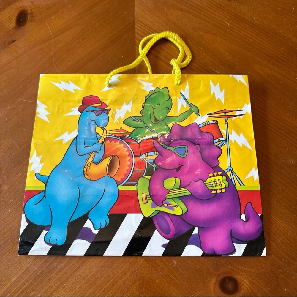 Vintage 1990s Dinosaur Dino Music Party Colorful Gift Bag 12x10''